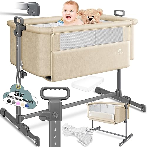KESSER® Zustellbett Hubi 3in1 Baby Beistellbett Reisebett Babybett mit weich Matratze, mit Rollen Kinderbett, 5-Fach Höhenverstellung, Faltbare Seitenwand für Zuhause und Unterwegs, Dunkelgrau