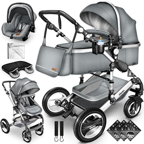 KIDUKU® 3 in 1 Kinderwagen XXL Komplettset | Kombikinderwagen Set inkl. Babywanne Buggy Sportsitz & Auto-Babyschale Fußsack | Vollgummireifen Wickeltasche Handwärmer Regenschutz Kindertisch ECE R129