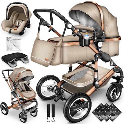 KIDUKU® 3 in 1 Kinderwagen XXL Komplettset | Kombikinderwagen Set inkl. Babywanne Buggy Sportsitz & Auto-Babyschale Fußsack | Vollgummireifen Wickeltasche Handwärmer Regenschutz Kindertisch ECE R129