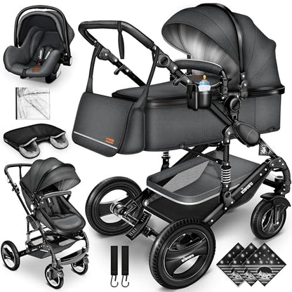 KIDUKU® 3 in 1 Kinderwagen XXL Komplettset | Kombikinderwagen Set inkl. Babywanne Buggy Sportsitz & Auto-Babyschale Fußsack | Vollgummireifen Wickeltasche Handwärmer Regenschutz Kindertisch ECE R129
