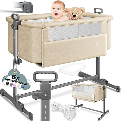 KESSER® Zustellbett Hubi 3in1 Baby Beistellbett Reisebett Babybett mit weich Matratze, mit Rollen Kinderbett, 5-Fach Höhenverstellung, Faltbare Seitenwand für Zuhause und Unterwegs, Dunkelgrau
