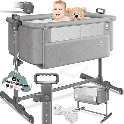 KESSER® Zustellbett Hubi 3in1 Baby Beistellbett Reisebett Babybett mit weich Matratze, mit Rollen Kinderbett, 5-Fach Höhenverstellung, Faltbare Seitenwand für Zuhause und Unterwegs, Dunkelgrau