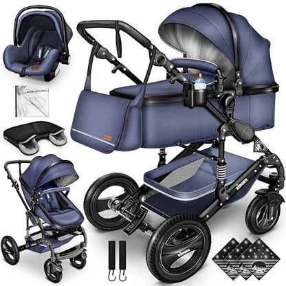 KIDUKU® 3 in 1 Kinderwagen XXL Komplettset | Kombikinderwagen Set inkl. Babywanne Buggy Sportsitz & Auto-Babyschale Fußsack | Vollgummireifen Wickeltasche Handwärmer Regenschutz Kindertisch ECE R129