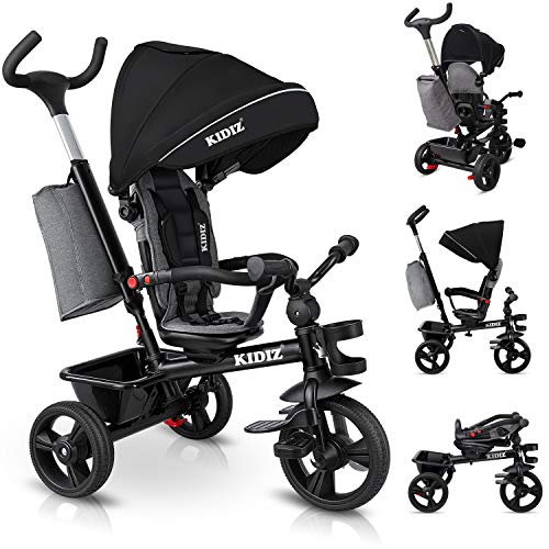 KIDIZ® Tricycle 5-in-1 Children's Tricycle with Push Bar Steering System Bar from 1 Year Forward and Reverse Ride Jogger, Basket Bag Drink Holder Sun Canopy Rubber Wheels, Buggy, Bicycle, Foldable