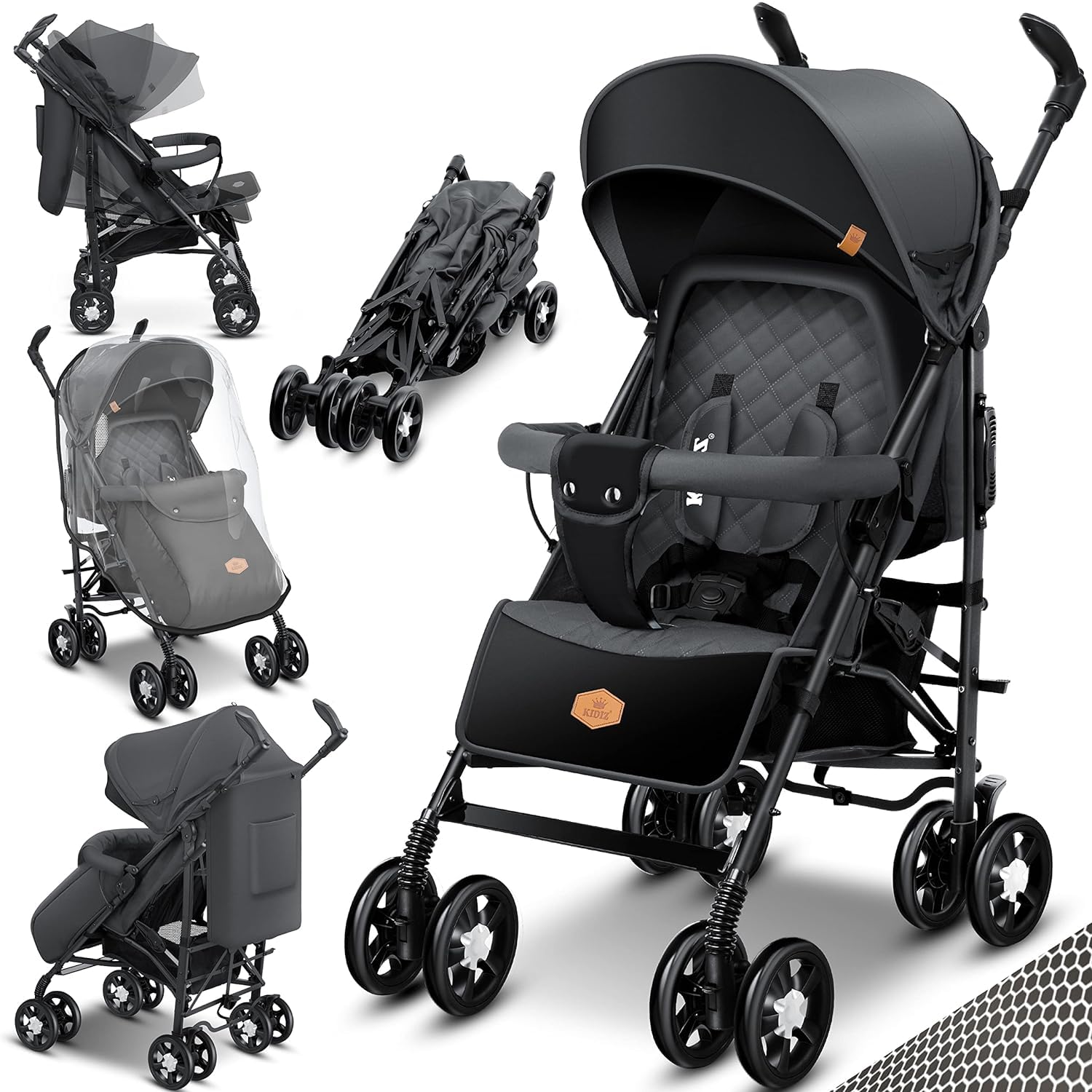 KIDIZ® City-Pro Pushchair Folding Pushchair Pushchair Sports Pushchair Foldable 360° 6 Inch Wheels Includes Mosquito Net, Footmuff and Rain Cover Foldable Sleep Function Anthracite
