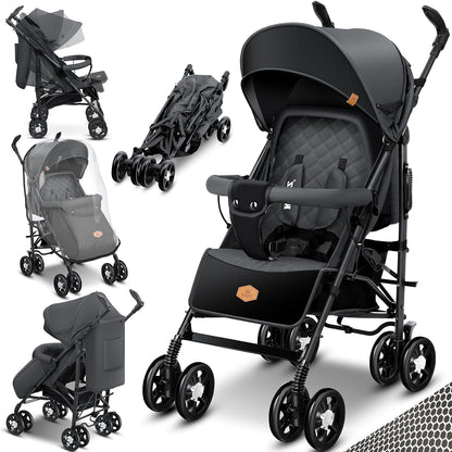 KIDIZ® City-Pro Pushchair Folding Pushchair Pushchair Sports Pushchair Foldable 360° 6 Inch Wheels Includes Mosquito Net, Footmuff and Rain Cover Foldable Sleep Function Anthracite