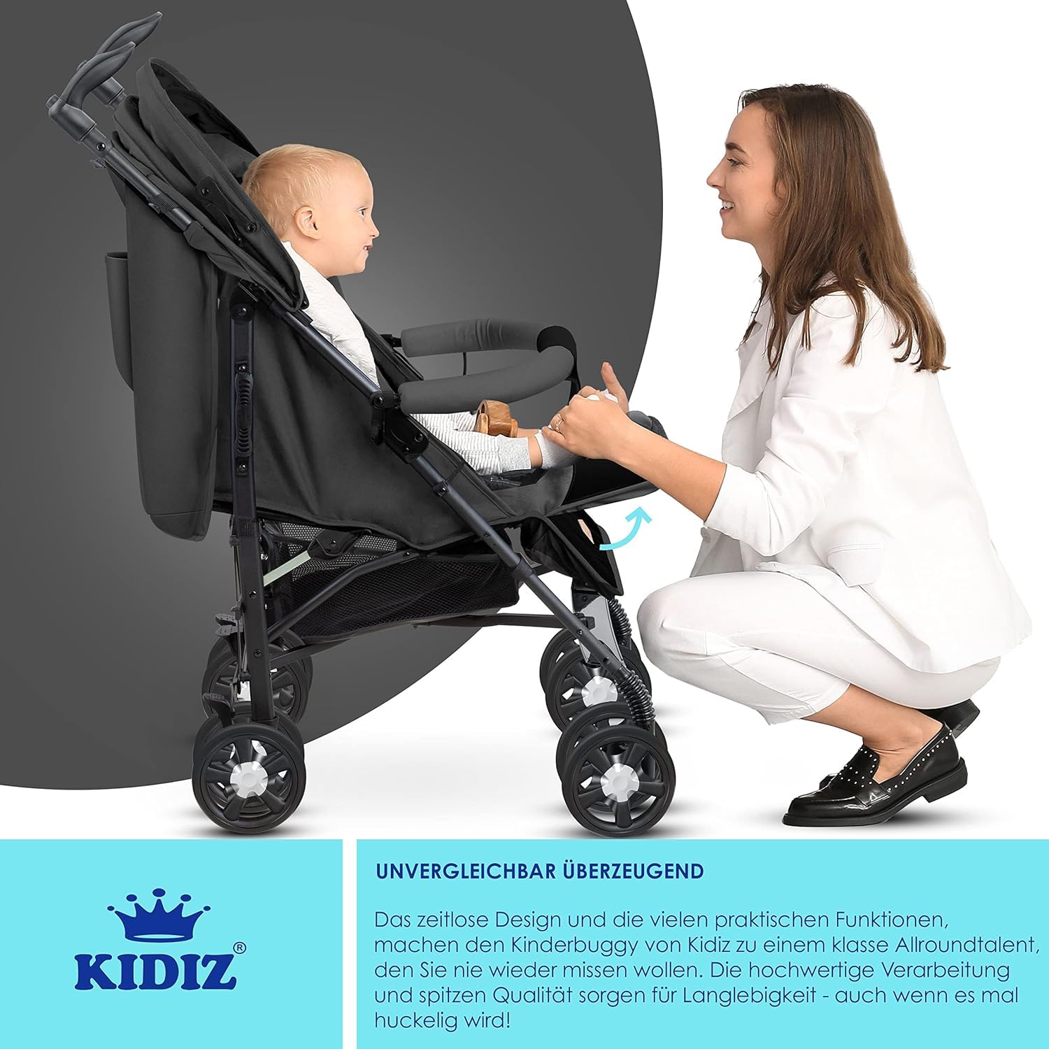 KIDIZ® City-Pro Pushchair Folding Pushchair Pushchair Sports Pushchair Foldable 360° 6 Inch Wheels Includes Mosquito Net, Footmuff and Rain Cover Foldable Sleep Function Anthracite