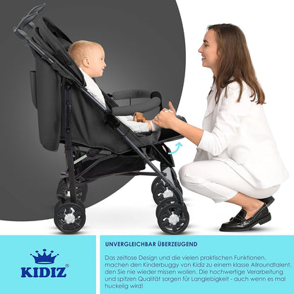 KIDIZ® City-Pro Pushchair Folding Pushchair Pushchair Sports Pushchair Foldable 360° 6 Inch Wheels Includes Mosquito Net, Footmuff and Rain Cover Foldable Sleep Function Anthracite