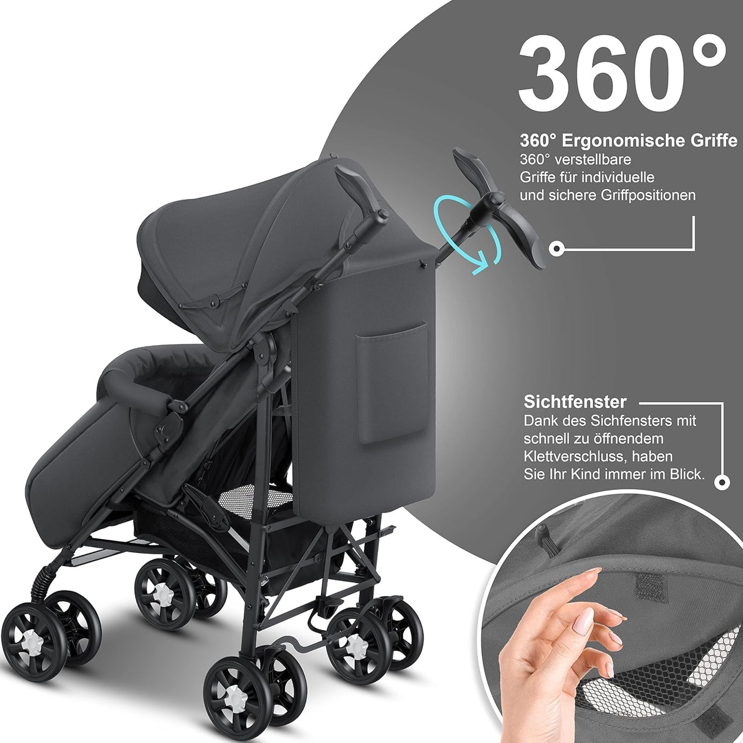 KIDIZ® City-Pro Pushchair Folding Pushchair Pushchair Sports Pushchair Foldable 360° 6 Inch Wheels Includes Mosquito Net, Footmuff and Rain Cover Foldable Sleep Function Anthracite