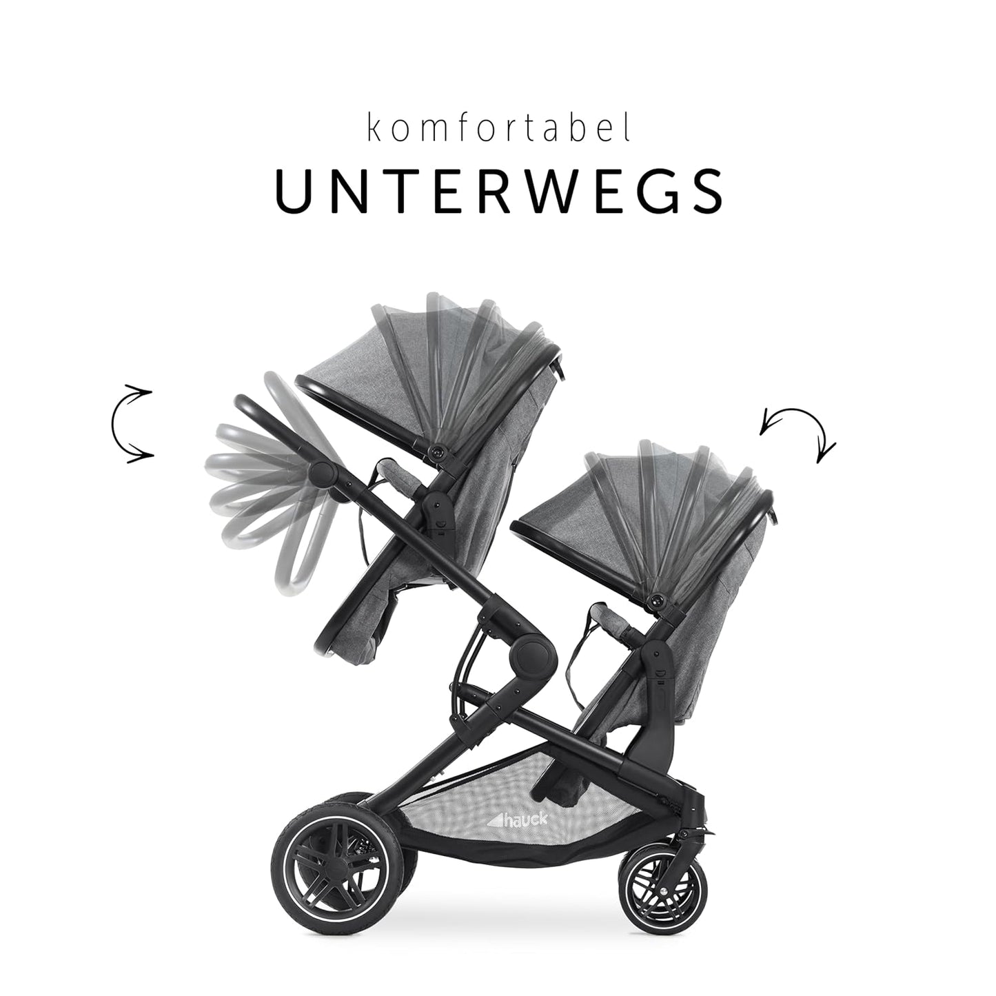 Hauck Zwillingskinderwagen Atlantic Twin (inkl. Babywanne für Neugeborene) - bis 36 kg belastbar - Melange Grey