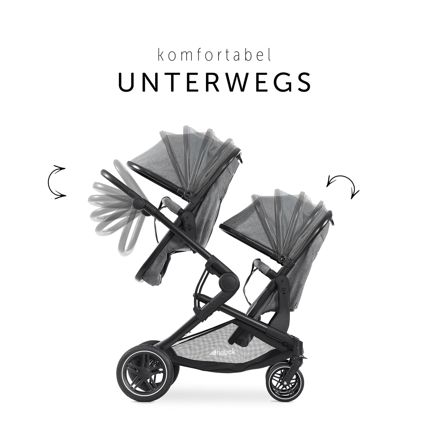 Hauck Zwillingskinderwagen Atlantic Twin (inkl. Babywanne für Neugeborene) - bis 36 kg belastbar - Melange Grey