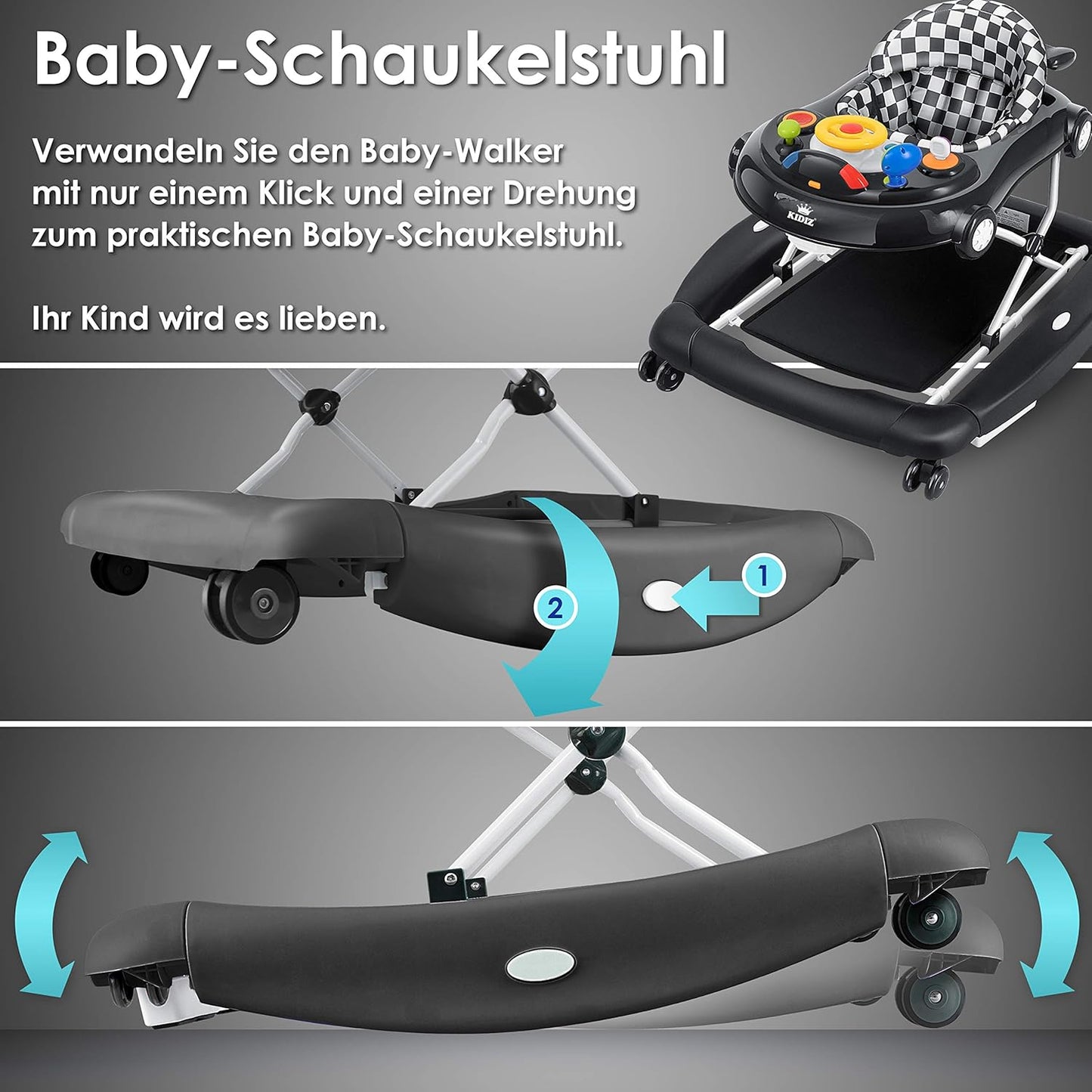 KIDIZ® 4in1 Lauflernhilfe Babywalker Spiel- und Lauflernwagen Gehfrei - Schaukelfunktion Babywippe mit Rollen, Licht, Musik,Spielecenter Esstisch Laufstuhl Laufhilfe babys ab 6 Monaten Klappbar