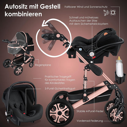KESSER® Loops 3 in 1 Kinderwagen Kombikinderwagen Komplett-Set inkl. Babywanne & Buggy Sportsitz & Auto-Babyschale Voll-Gummireifen Wickeltasche Regenschutz Kindertisch ECE R129, Schwarz/Rosé Gold