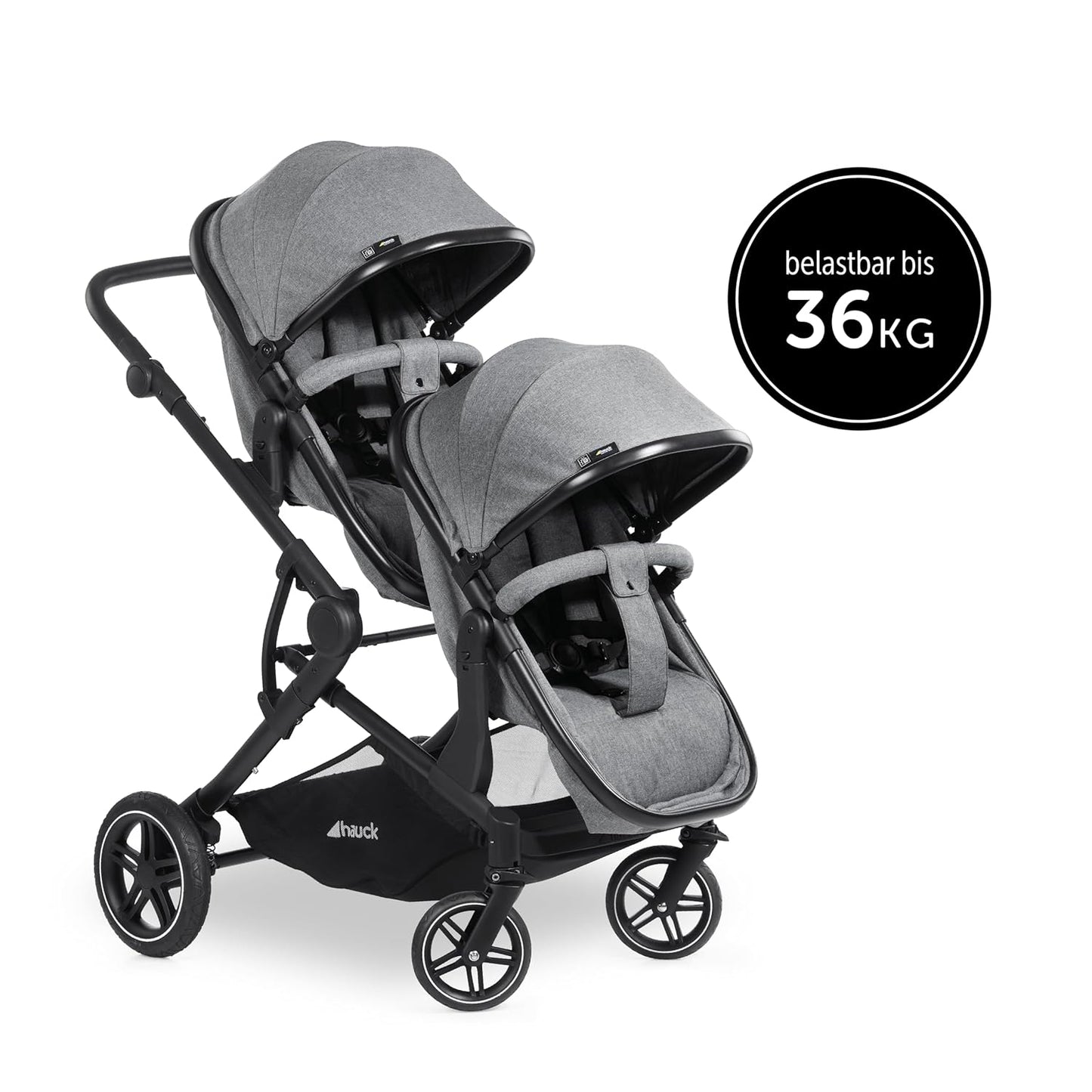 Hauck Zwillingskinderwagen Atlantic Twin (inkl. Babywanne für Neugeborene) - bis 36 kg belastbar - Melange Grey