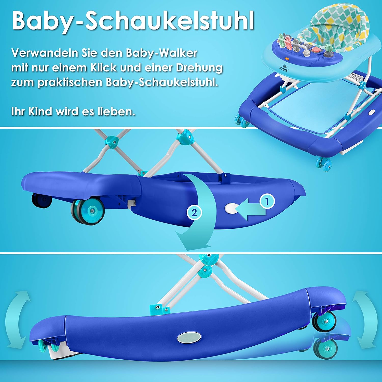 KIDIZ® 4in1 Lauflernhilfe Babywalker Spiel- und Lauflernwagen Gehfrei Schaukelfunktion Babywippe mit Rollen, Licht, Musik,Spielecenter Esstisch Laufstuhl Laufhilfe babys ab 6 Monaten Klappbar Blau