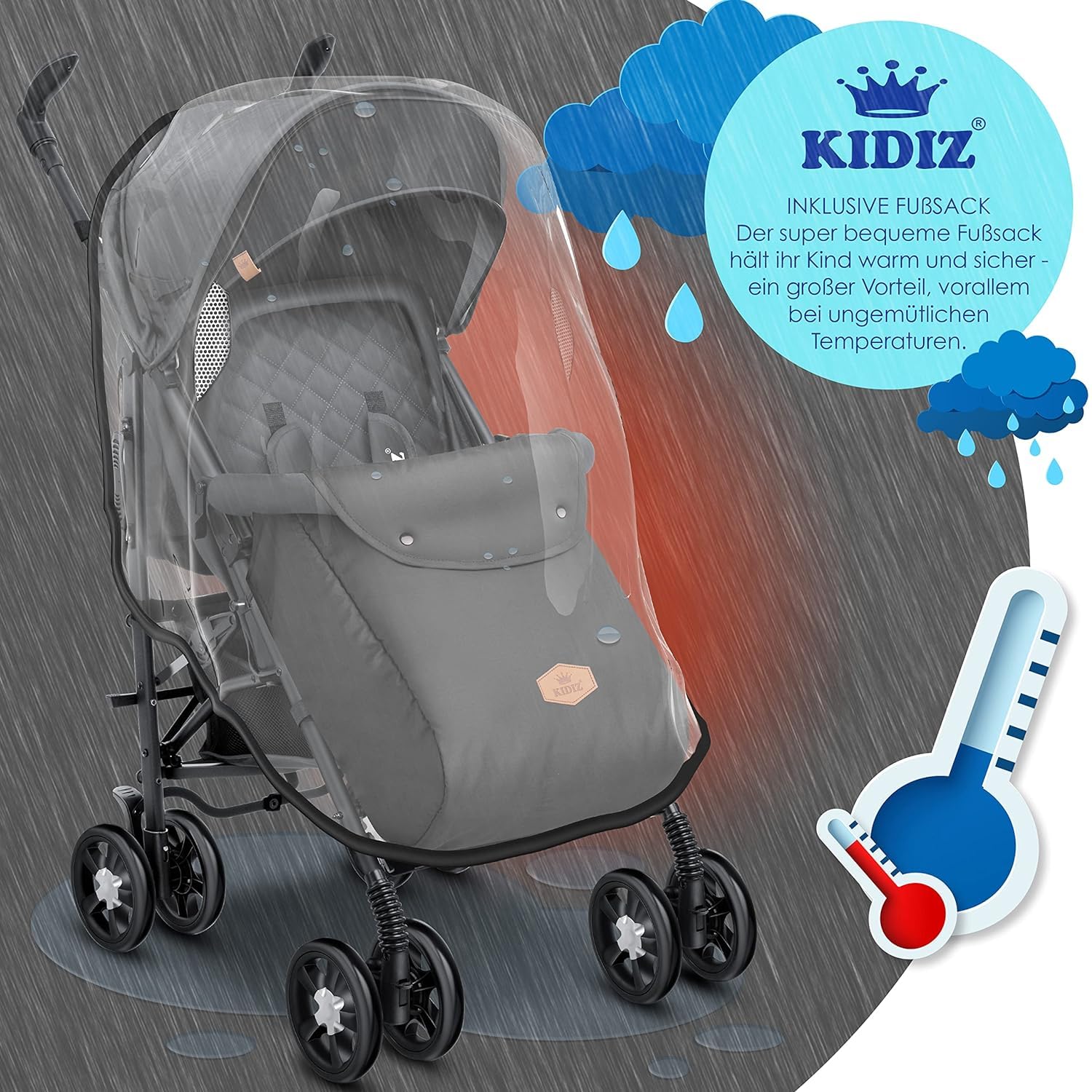 KIDIZ® City-Pro Pushchair Folding Pushchair Pushchair Sports Pushchair Foldable 360° 6 Inch Wheels Includes Mosquito Net, Footmuff and Rain Cover Foldable Sleep Function Anthracite