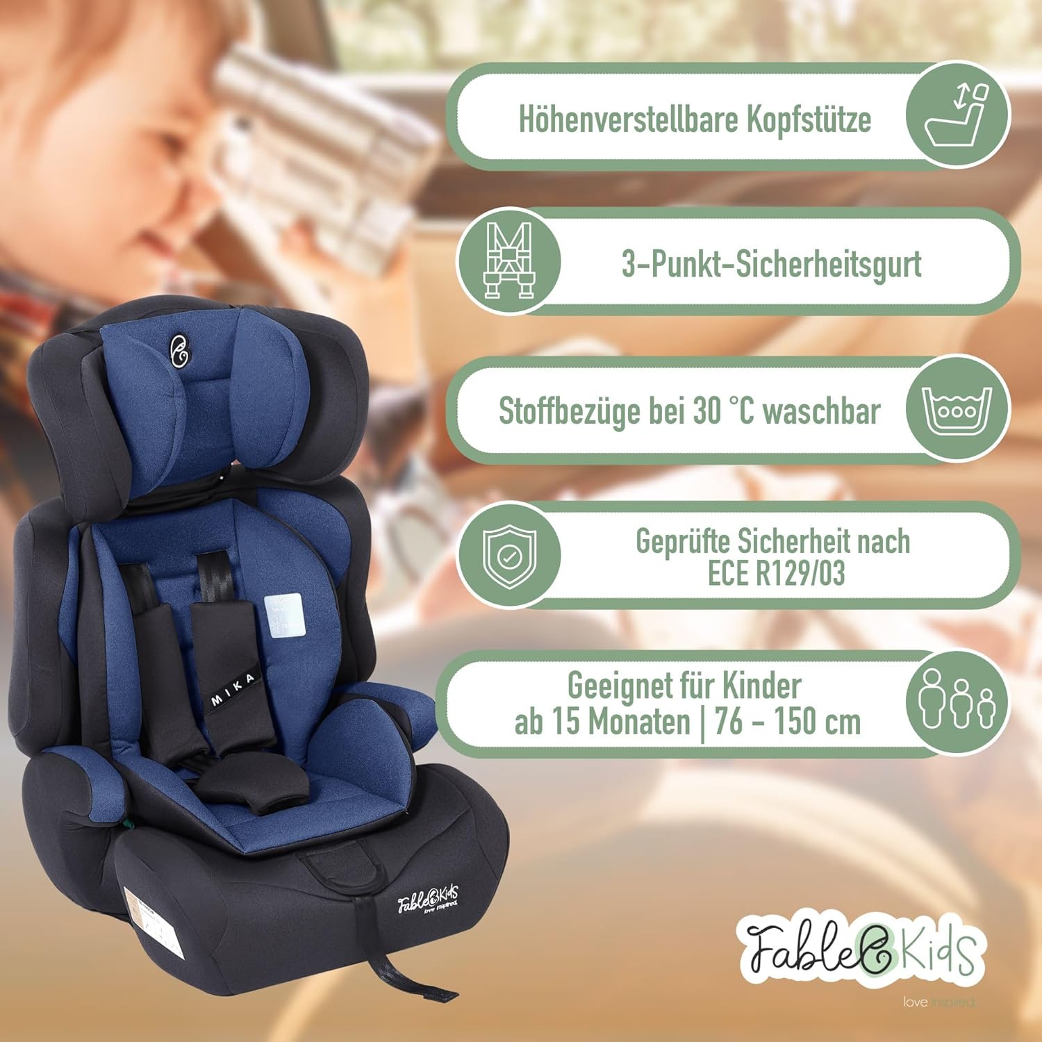 FableKids Children's Car Seat | 3-Point Safety Belt | Car Seat from 15 Months | Car Seat for Children 76-150 cm | Child Seat Adjustable Headrest | ECE R129/03 | Adjustable 44.5 x 41 x 68-75 cm | Blue