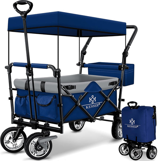 KESSER® Bollerwagen faltbar GT9000 mit Dach Handwagen Transportwagen | inkl. 2X 3-Punkt Gurtsystem| klappbar | Vollgummi-Reifen | bis 80 kg | Vorder- und Hinter-Bremse + Tragetasche, Blau/Grau