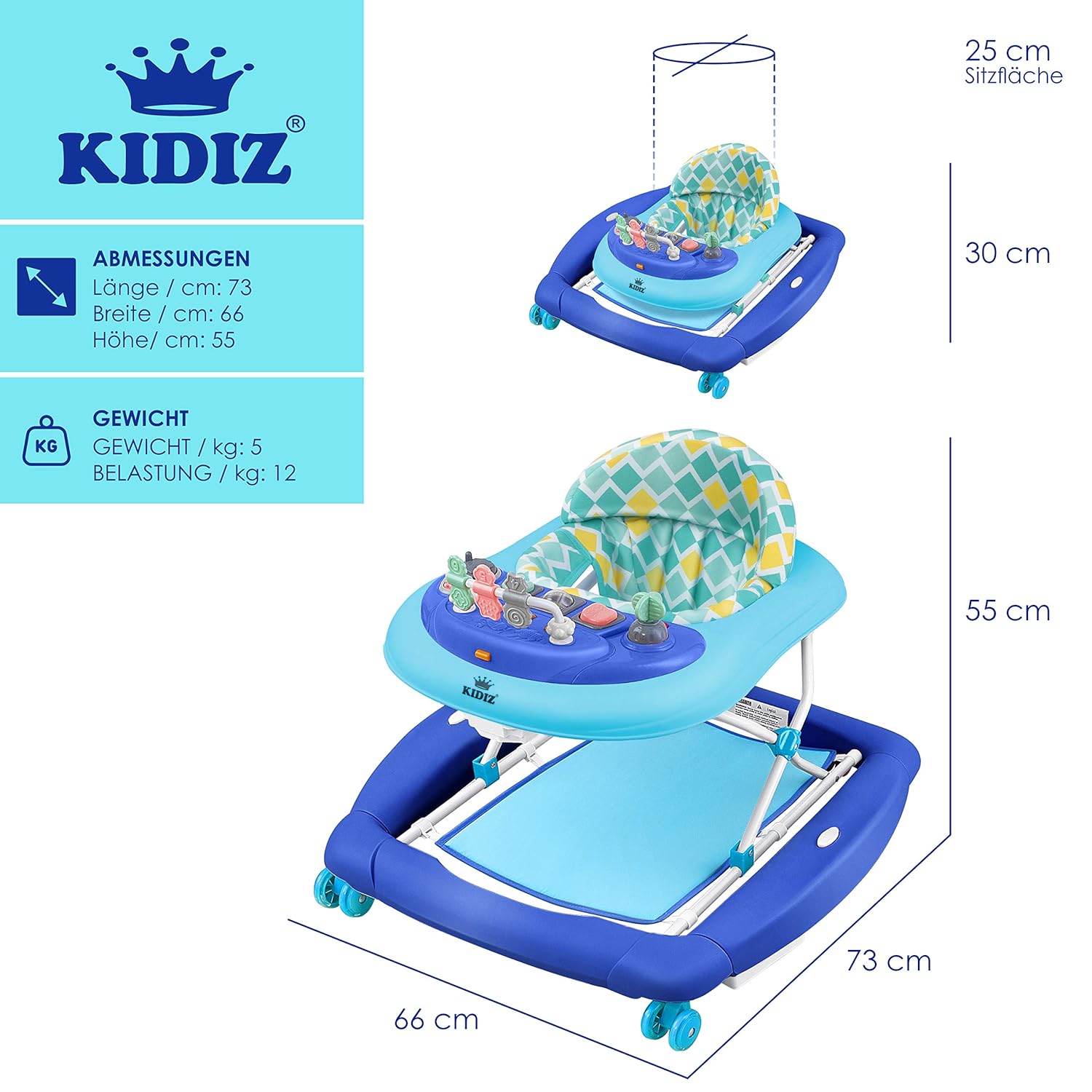 KIDIZ® 4in1 Lauflernhilfe Babywalker Spiel- und Lauflernwagen Gehfrei Schaukelfunktion Babywippe mit Rollen, Licht, Musik,Spielecenter Esstisch Laufstuhl Laufhilfe babys ab 6 Monaten Klappbar Blau