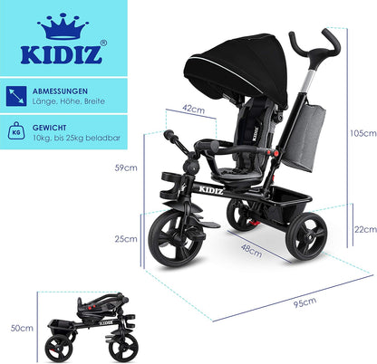 KIDIZ® Tricycle 5-in-1 Children's Tricycle with Push Bar Steering System Bar from 1 Year Forward and Reverse Ride Jogger, Basket Bag Drink Holder Sun Canopy Rubber Wheels, Buggy, Bicycle, Foldable