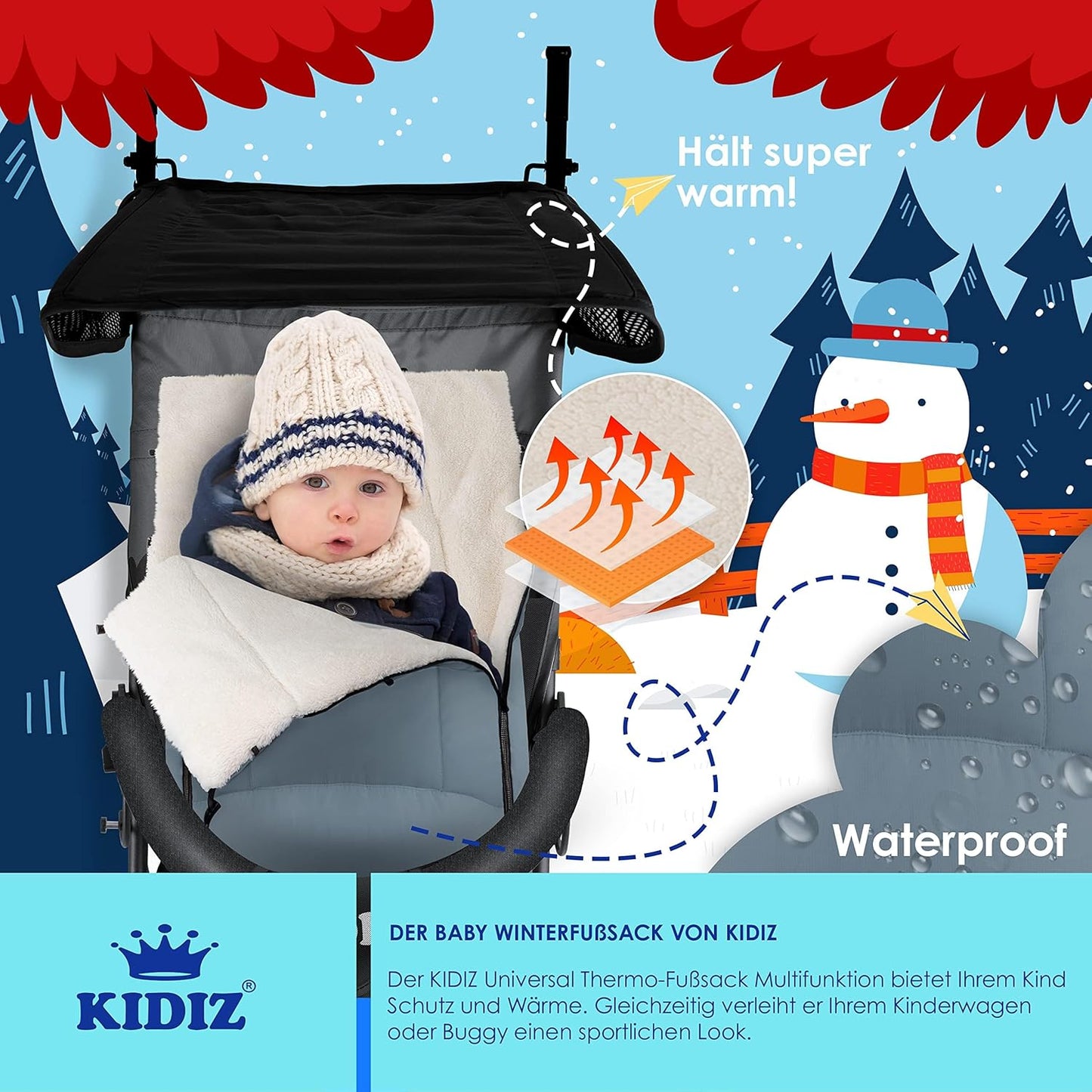 Kidiz® Babyfußsack Baby Fußsack Winterfußsack Babyschale mit Reißverschluss Kuschelsack Babydecke Kinderwagen waschbar verschließbarer Kopfteil,Tasche, passend für alle Kinderwagen, Grau
