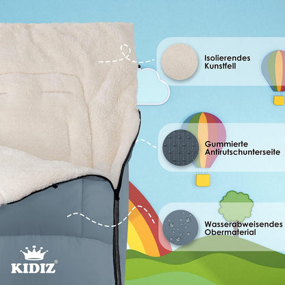 Kidiz® Babyfußsack Baby Fußsack Winterfußsack Babyschale mit Reißverschluss Kuschelsack Babydecke Kinderwagen waschbar verschließbarer Kopfteil,Tasche, passend für alle Kinderwagen, Grau