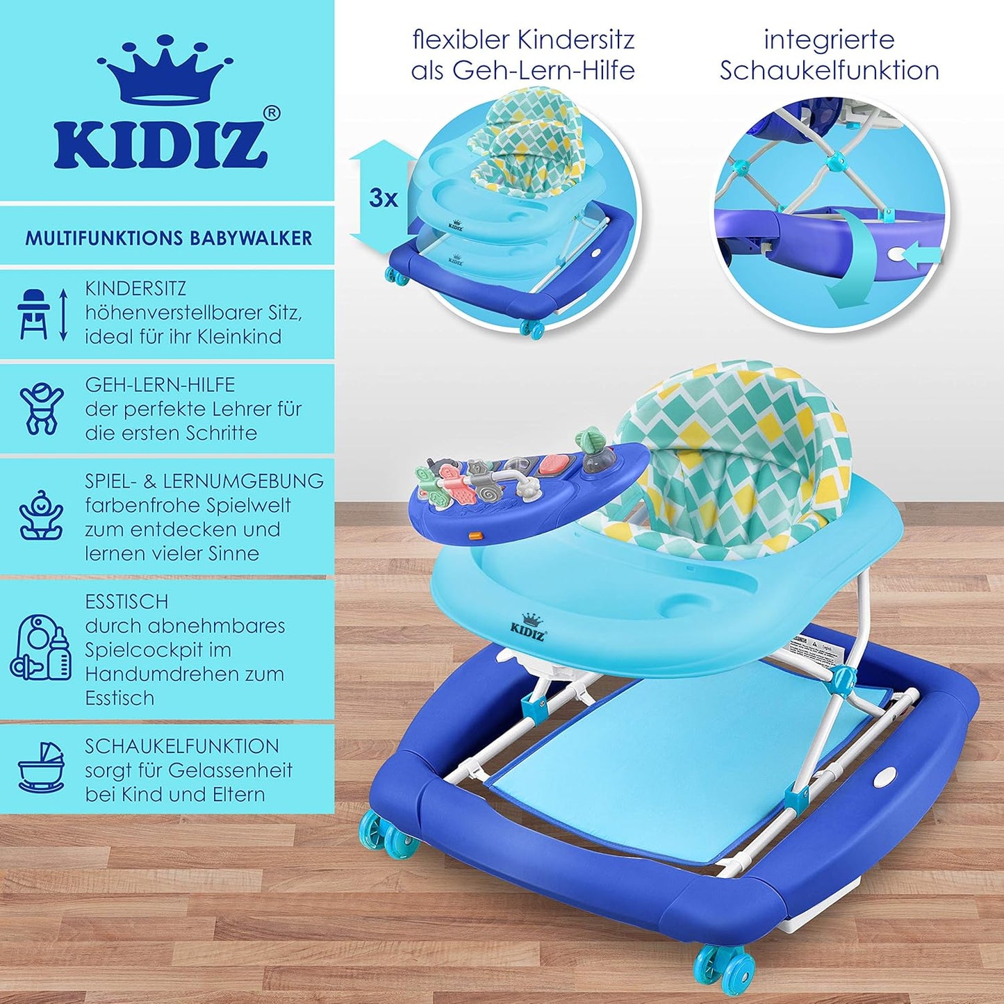 KIDIZ® 4in1 Lauflernhilfe Babywalker Spiel- und Lauflernwagen Gehfrei Schaukelfunktion Babywippe mit Rollen, Licht, Musik,Spielecenter Esstisch Laufstuhl Laufhilfe babys ab 6 Monaten Klappbar Blau