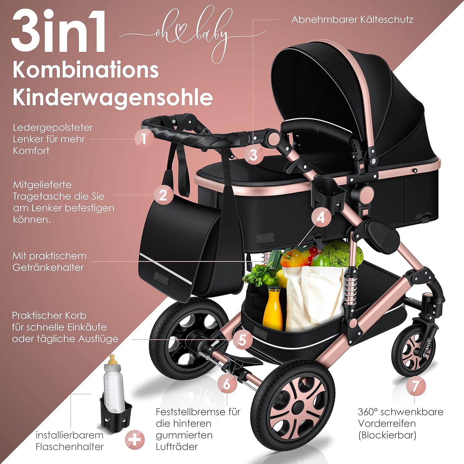 KESSER® Loops 3 in 1 Kinderwagen Kombikinderwagen Komplett-Set inkl. Babywanne & Buggy Sportsitz & Auto-Babyschale Voll-Gummireifen Wickeltasche Regenschutz Kindertisch ECE R129, Schwarz/Rosé Gold