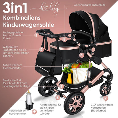 KESSER® Loops 3 in 1 Kinderwagen Kombikinderwagen Komplett-Set inkl. Babywanne & Buggy Sportsitz & Auto-Babyschale Voll-Gummireifen Wickeltasche Regenschutz Kindertisch ECE R129, Schwarz/Rosé Gold