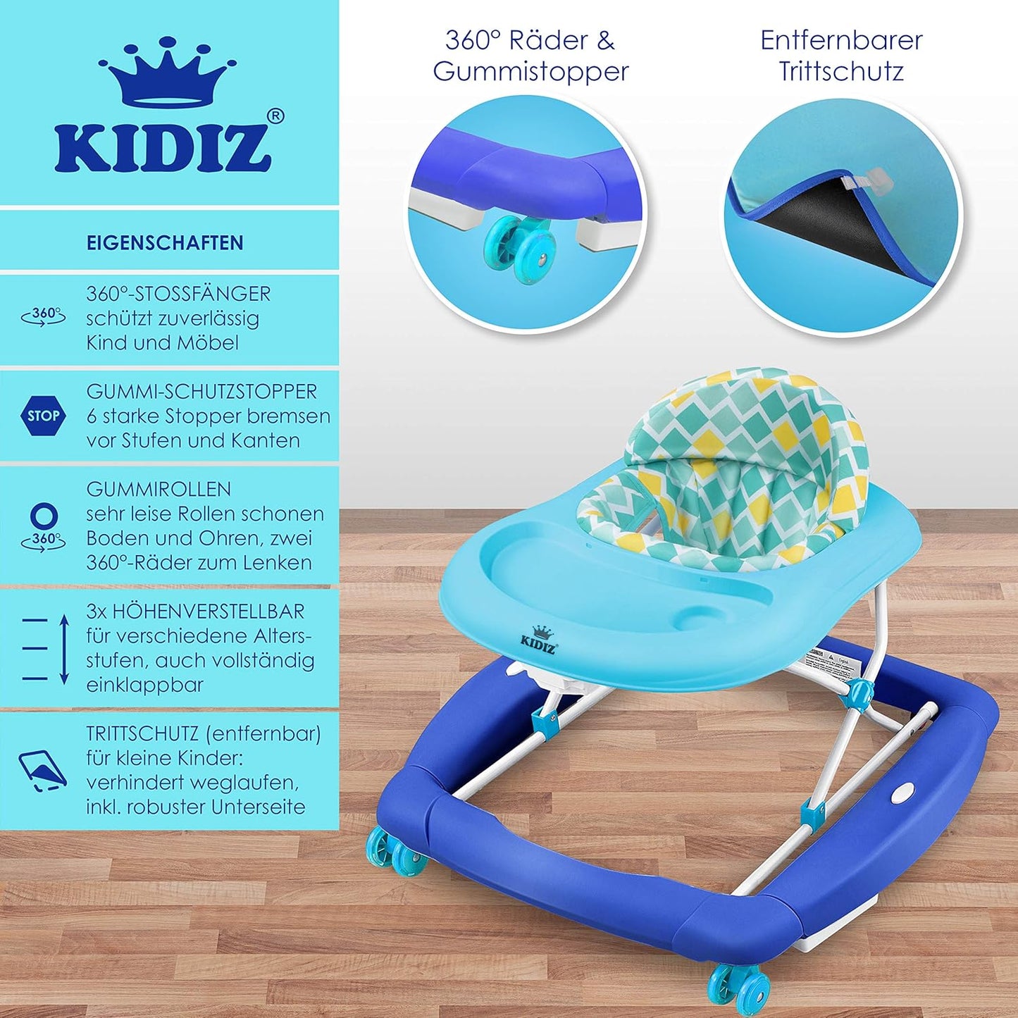KIDIZ® 4in1 Lauflernhilfe Babywalker Spiel- und Lauflernwagen Gehfrei Schaukelfunktion Babywippe mit Rollen, Licht, Musik,Spielecenter Esstisch Laufstuhl Laufhilfe babys ab 6 Monaten Klappbar Blau