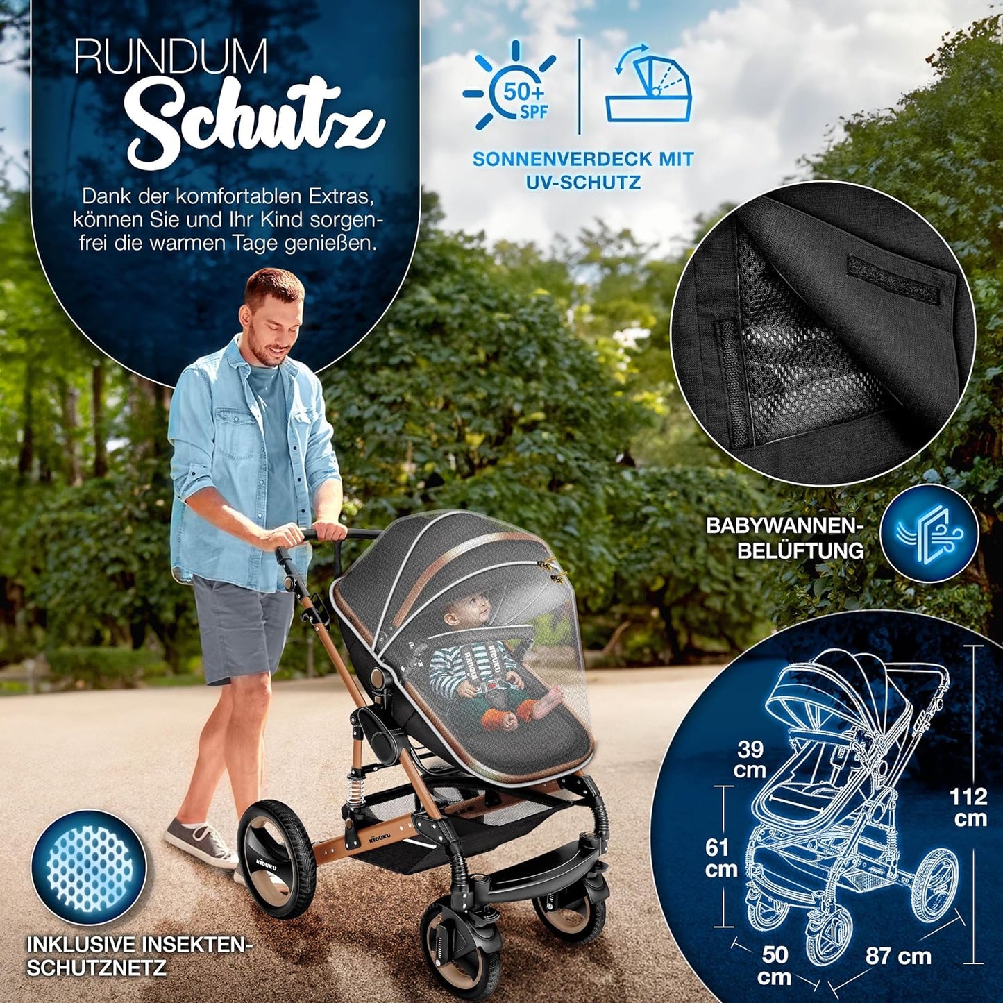 KIDUKU® 3 in 1 Kinderwagen XXL Komplettset | Kombikinderwagen Set inkl. Babywanne Buggy Sportsitz & Auto-Babyschale Fußsack | Vollgummireifen Wickeltasche Handwärmer Regenschutz Kindertisch ECE R129