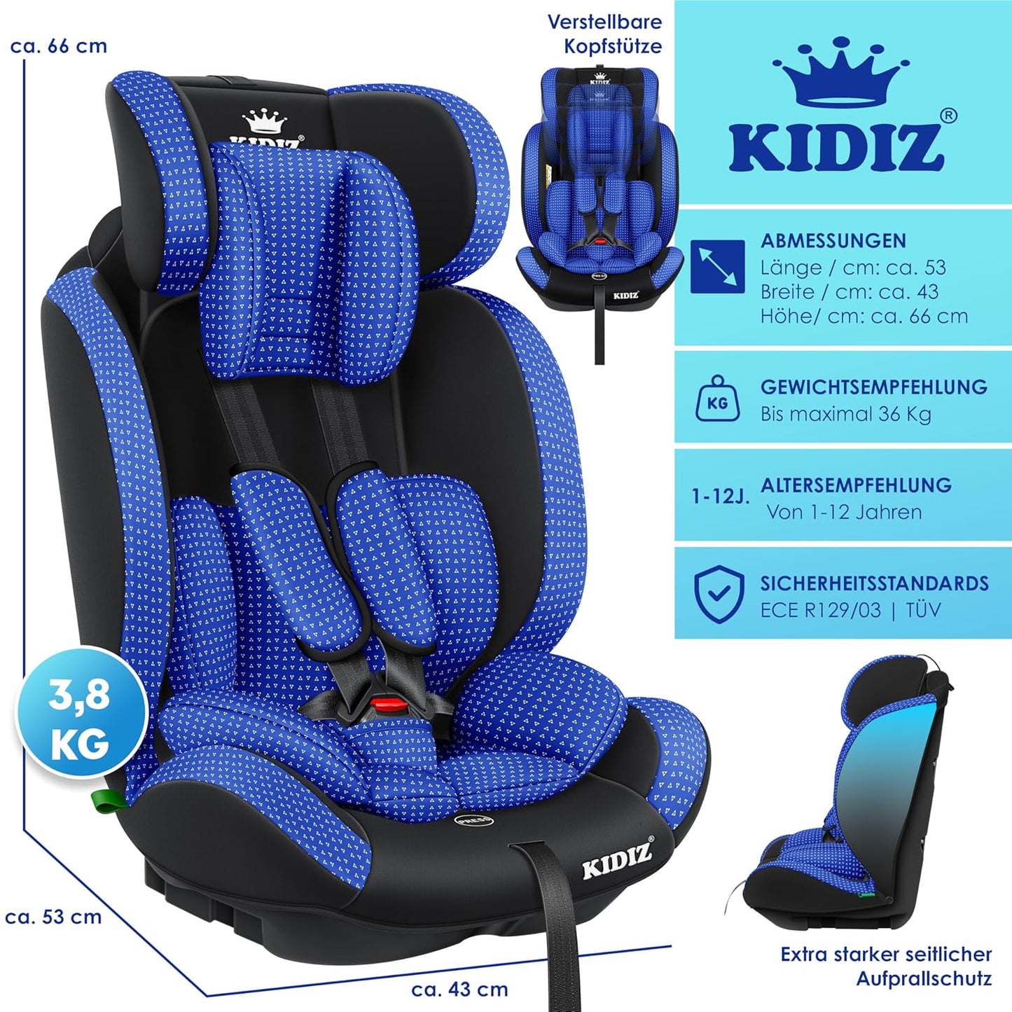 KIDIZ® Autokindersitz Triangle Premium Kindersitz Kinderautositz | Autositz Sitzschale | 9 kg - 36 kg 1-12 Jahre | Gruppe 1/2/3 | universal | zugelassen nach ECE R129/03