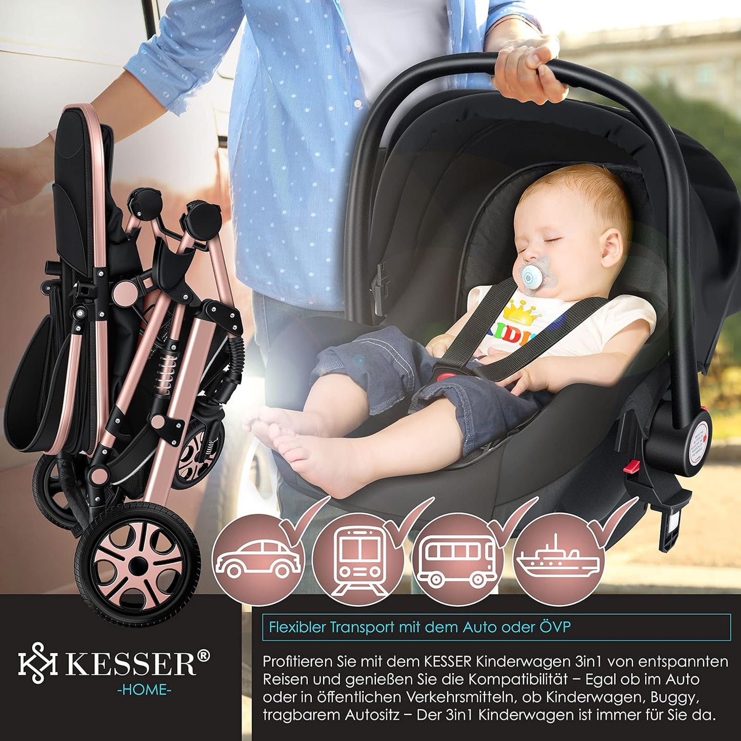 KESSER® Loops 3 in 1 Kinderwagen Kombikinderwagen Komplett-Set inkl. Babywanne & Buggy Sportsitz & Auto-Babyschale Voll-Gummireifen Wickeltasche Regenschutz Kindertisch ECE R129, Schwarz/Rosé Gold