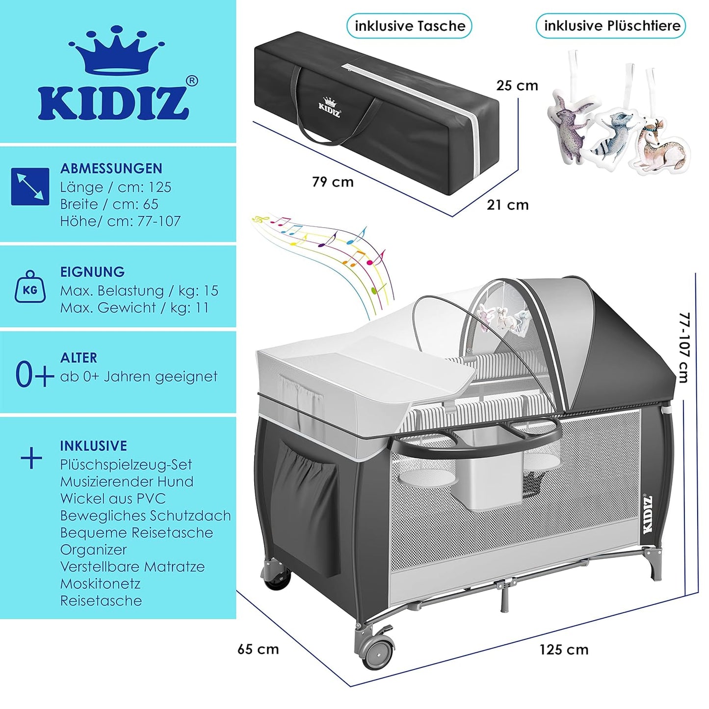 Kidiz® Babybett 3 in 1 Reisebett Kombi Set Baby Bett mit Wickelauflage Moskitonetz Laufstall Baby ab Geburt bis 15 kg luftige Seitenwände mit Seiteneingang Tragetasche zusammenklappbar, Grau