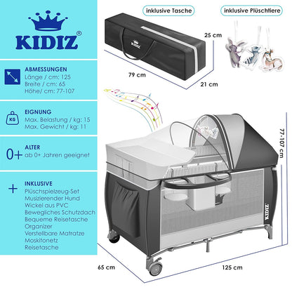 Kidiz® Babybett 3 in 1 Reisebett Kombi Set Baby Bett mit Wickelauflage Moskitonetz Laufstall Baby ab Geburt bis 15 kg luftige Seitenwände mit Seiteneingang Tragetasche zusammenklappbar, Grau