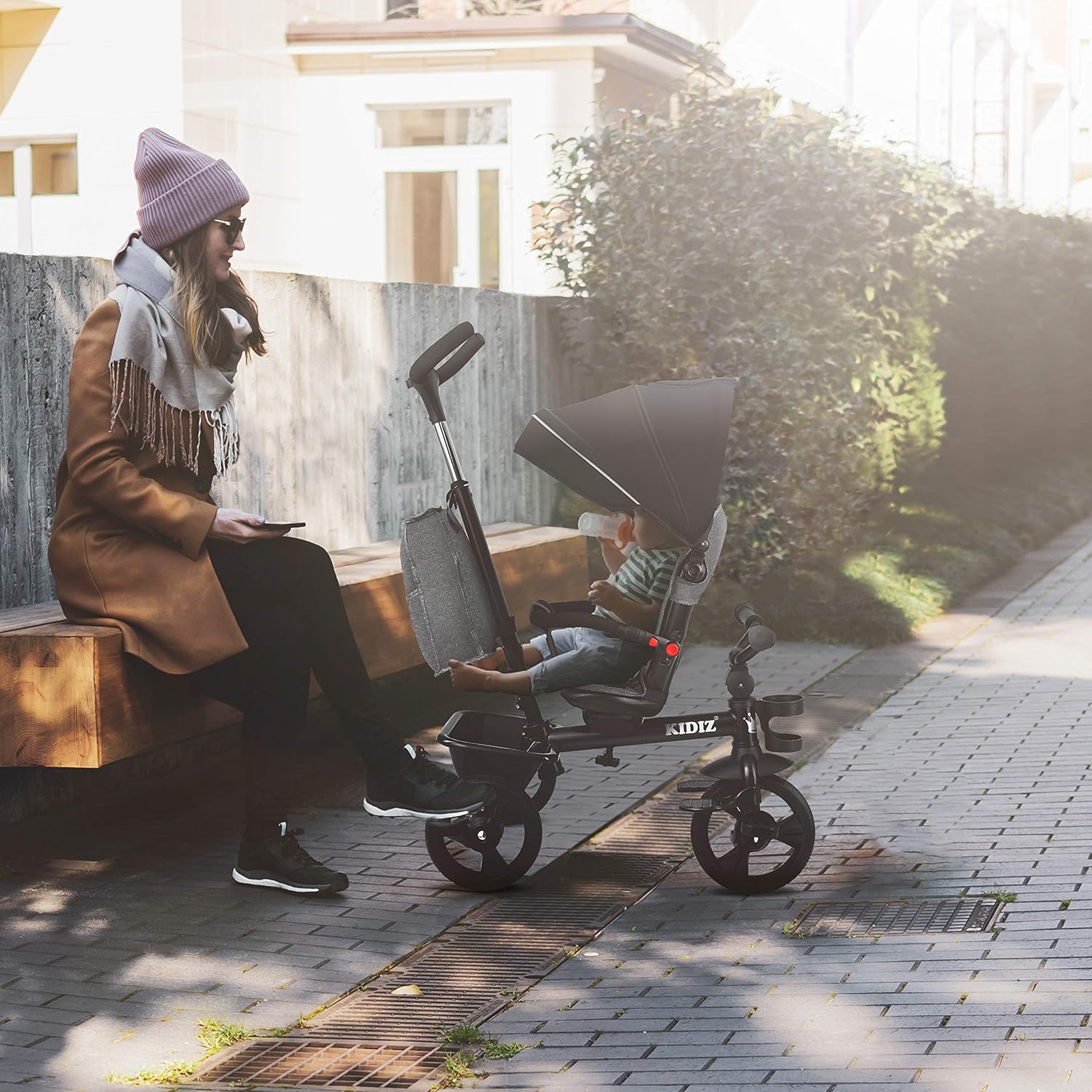 KIDIZ® Tricycle 5-in-1 Children's Tricycle with Push Bar Steering System Bar from 1 Year Forward and Reverse Ride Jogger, Basket Bag Drink Holder Sun Canopy Rubber Wheels, Buggy, Bicycle, Foldable