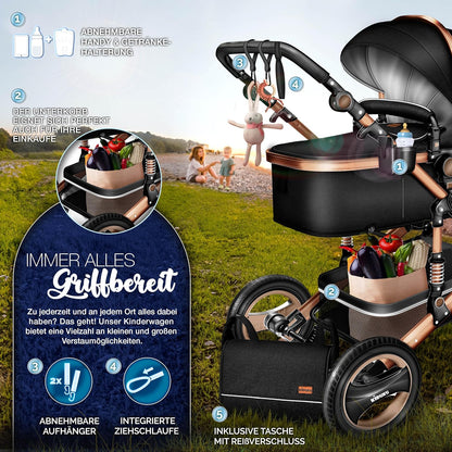 KIDUKU® 3 in 1 Kinderwagen XXL Komplettset | Kombikinderwagen Set inkl. Babywanne Buggy Sportsitz & Auto-Babyschale Fußsack | Vollgummireifen Wickeltasche Handwärmer Regenschutz Kindertisch ECE R129