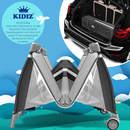 Kidiz® Babybett 3 in 1 Reisebett Kombi Set Baby Bett mit Wickelauflage Moskitonetz Laufstall Baby ab Geburt bis 15 kg luftige Seitenwände mit Seiteneingang Tragetasche zusammenklappbar, Grau
