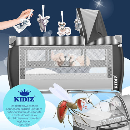 Kidiz® Babybett 3 in 1 Reisebett Kombi Set Baby Bett mit Wickelauflage Moskitonetz Laufstall Baby ab Geburt bis 15 kg luftige Seitenwände mit Seiteneingang Tragetasche zusammenklappbar, Grau