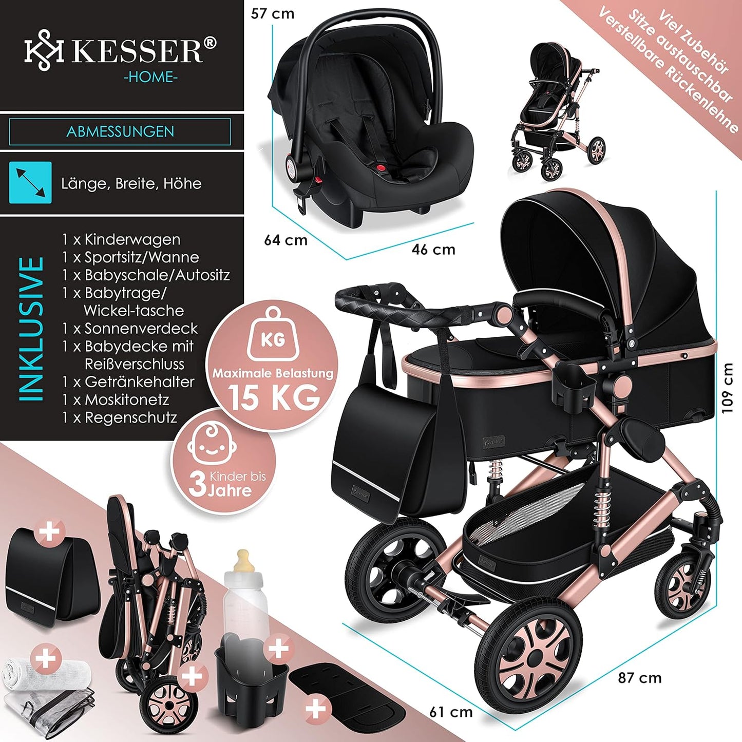 KESSER® Loops 3 in 1 Kinderwagen Kombikinderwagen Komplett-Set inkl. Babywanne & Buggy Sportsitz & Auto-Babyschale Voll-Gummireifen Wickeltasche Regenschutz Kindertisch ECE R129, Schwarz/Rosé Gold