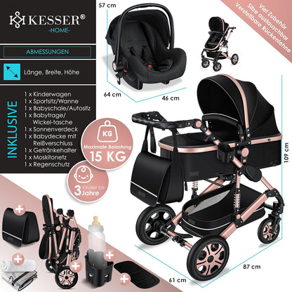 KESSER® Loops 3 in 1 Kinderwagen Kombikinderwagen Komplett-Set inkl. Babywanne & Buggy Sportsitz & Auto-Babyschale Voll-Gummireifen Wickeltasche Regenschutz Kindertisch ECE R129, Schwarz/Rosé Gold