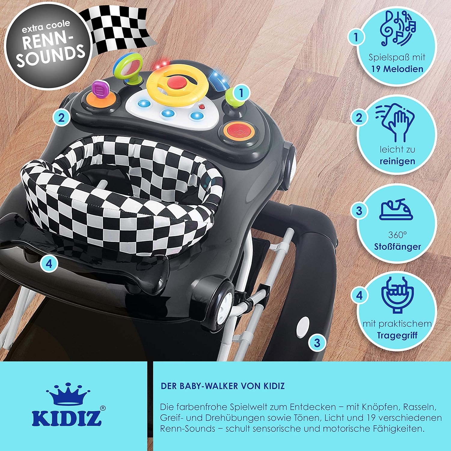 KIDIZ® 4in1 Lauflernhilfe Babywalker Spiel- und Lauflernwagen Gehfrei - Schaukelfunktion Babywippe mit Rollen, Licht, Musik,Spielecenter Esstisch Laufstuhl Laufhilfe babys ab 6 Monaten Klappbar