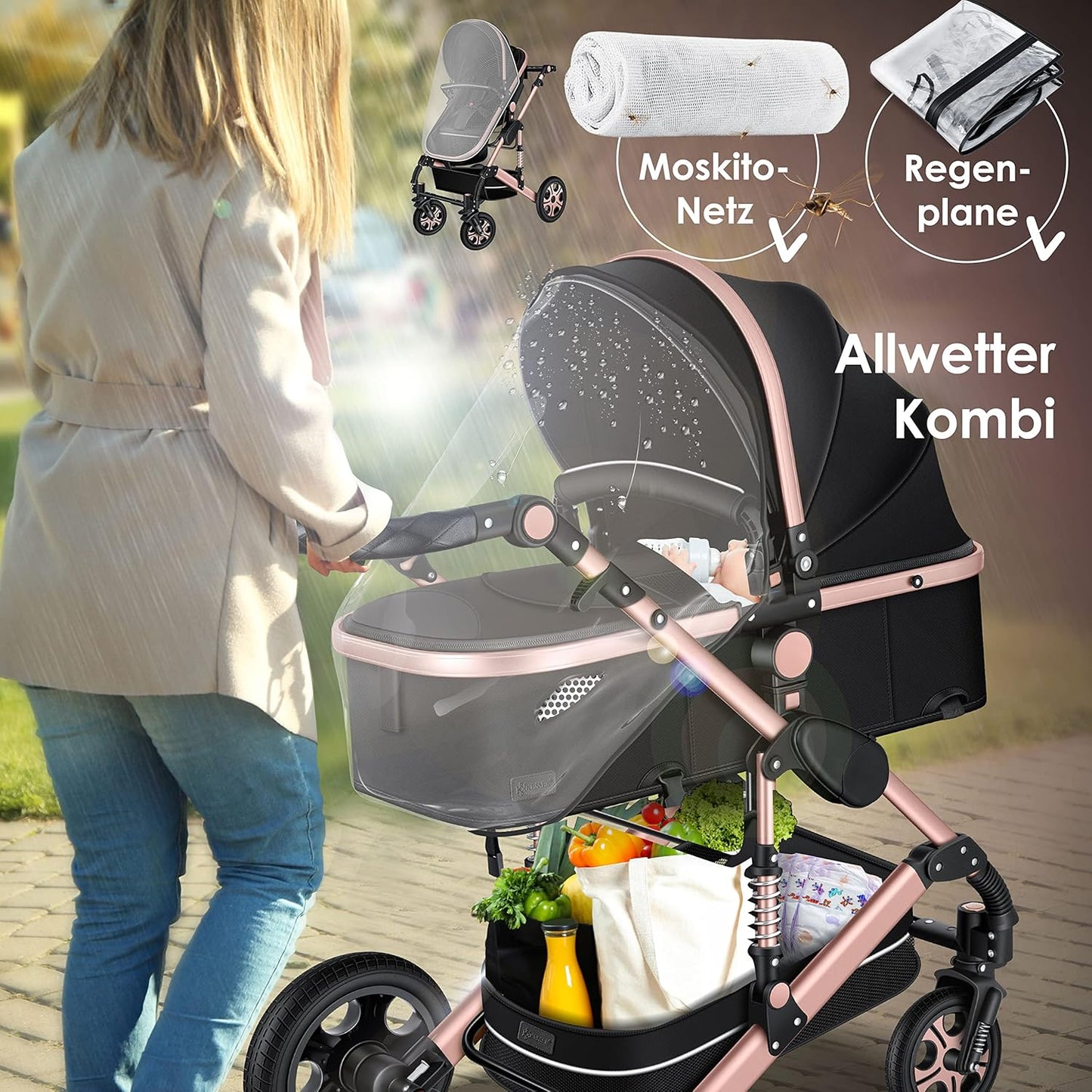 KESSER® Loops 3 in 1 Kinderwagen Kombikinderwagen Komplett-Set inkl. Babywanne & Buggy Sportsitz & Auto-Babyschale Voll-Gummireifen Wickeltasche Regenschutz Kindertisch ECE R129, Schwarz/Rosé Gold
