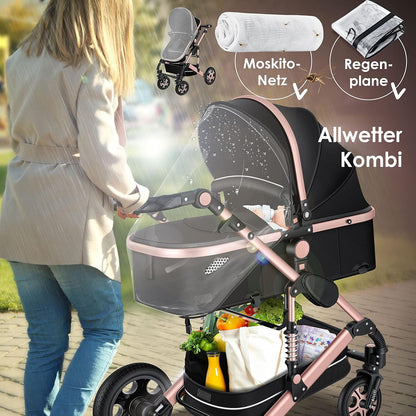 KESSER® Loops 3 in 1 Kinderwagen Kombikinderwagen Komplett-Set inkl. Babywanne & Buggy Sportsitz & Auto-Babyschale Voll-Gummireifen Wickeltasche Regenschutz Kindertisch ECE R129, Schwarz/Rosé Gold