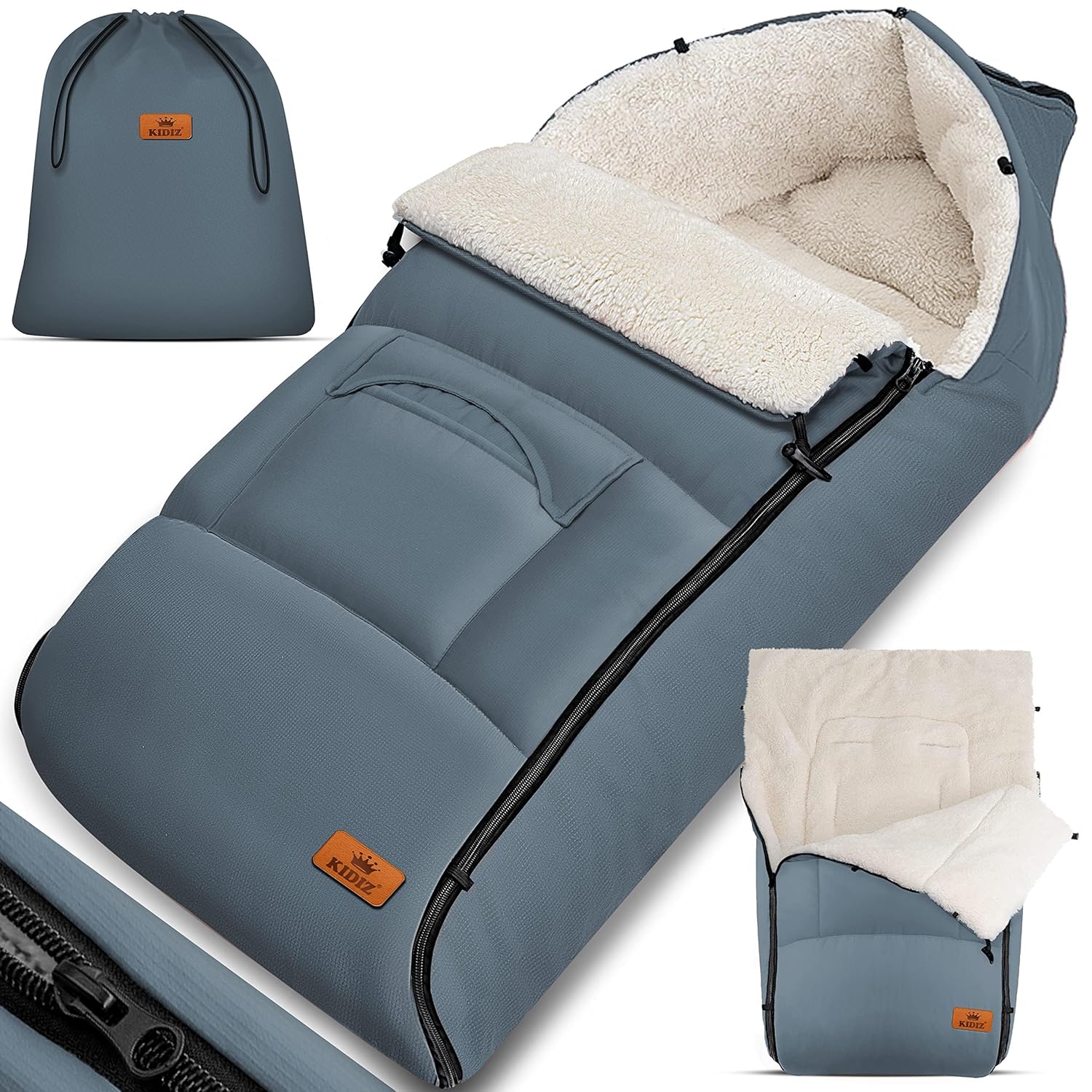Kidiz® Babyfußsack Baby Fußsack Winterfußsack Babyschale mit Reißverschluss Kuschelsack Babydecke Kinderwagen waschbar verschließbarer Kopfteil,Tasche, passend für alle Kinderwagen, Grau