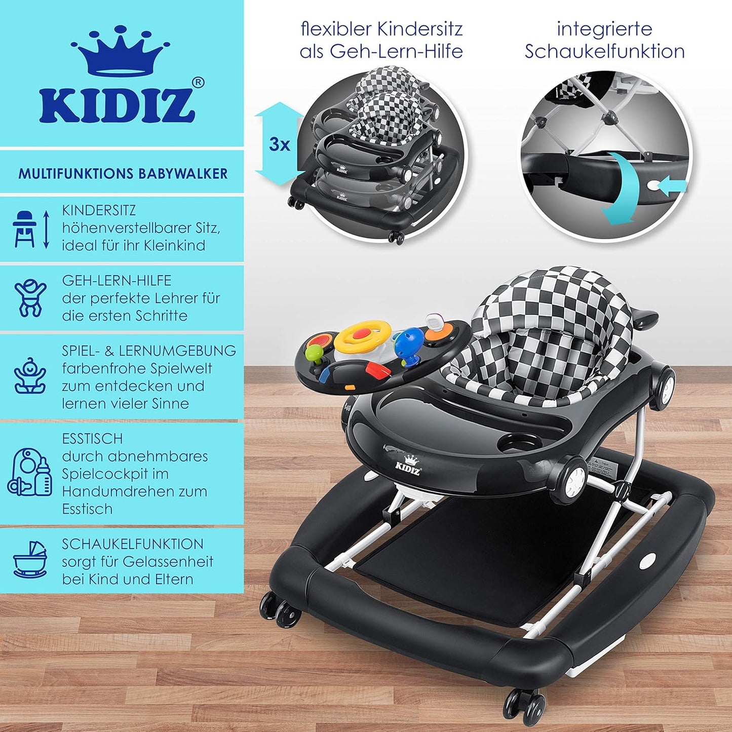 KIDIZ® 4in1 Lauflernhilfe Babywalker Spiel- und Lauflernwagen Gehfrei - Schaukelfunktion Babywippe mit Rollen, Licht, Musik,Spielecenter Esstisch Laufstuhl Laufhilfe babys ab 6 Monaten Klappbar