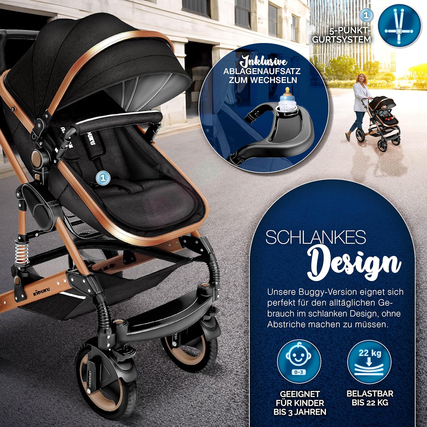 KIDUKU® 3 in 1 Kinderwagen XXL Komplettset | Kombikinderwagen Set inkl. Babywanne Buggy Sportsitz & Auto-Babyschale Fußsack | Vollgummireifen Wickeltasche Handwärmer Regenschutz Kindertisch ECE R129