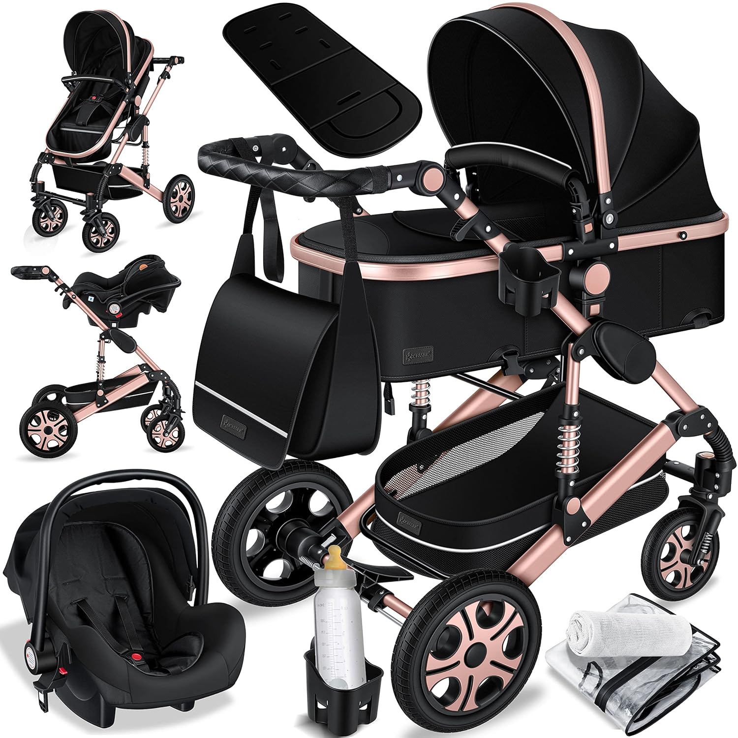 KESSER® Loops 3 in 1 Kinderwagen Kombikinderwagen Komplett-Set inkl. Babywanne & Buggy Sportsitz & Auto-Babyschale Voll-Gummireifen Wickeltasche Regenschutz Kindertisch ECE R129, Schwarz/Rosé Gold