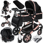 KESSER® Loops 3 in 1 Kinderwagen Kombikinderwagen Komplett-Set inkl. Babywanne & Buggy Sportsitz & Auto-Babyschale Voll-Gummireifen Wickeltasche Regenschutz Kindertisch ECE R129, Schwarz/Rosé Gold
