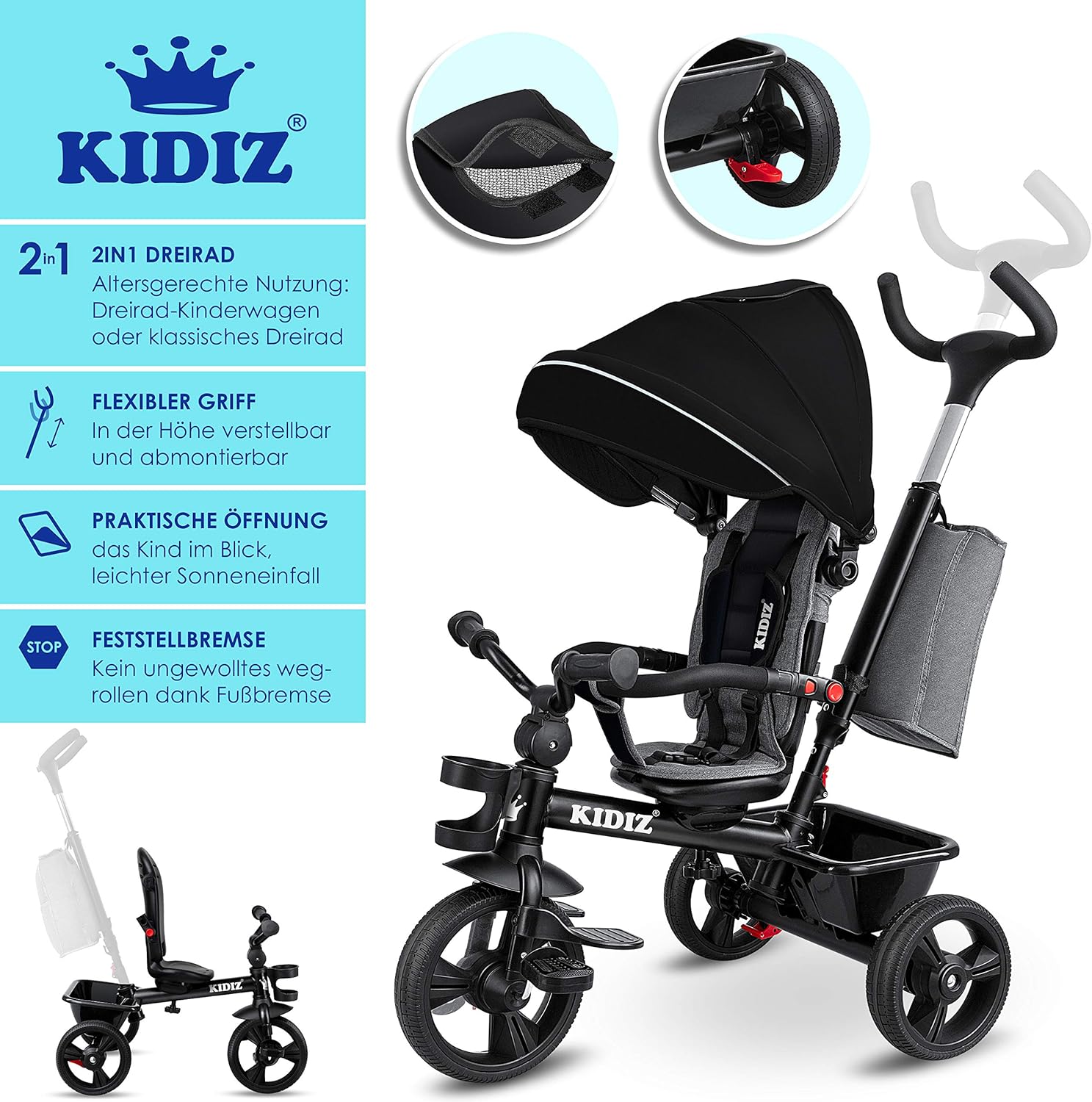 KIDIZ® Tricycle 5-in-1 Children's Tricycle with Push Bar Steering System Bar from 1 Year Forward and Reverse Ride Jogger, Basket Bag Drink Holder Sun Canopy Rubber Wheels, Buggy, Bicycle, Foldable